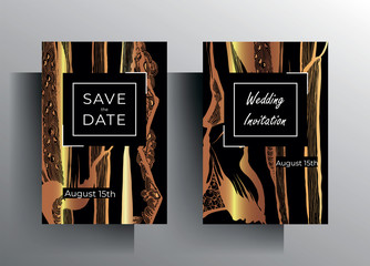 Design wedding invitation card set. Hand-drawn golden texture frame on a black background. Vector 10 EPS.