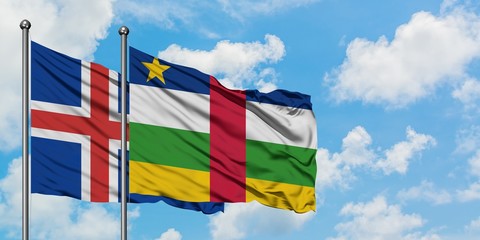 Iceland and Central African Republic flag waving in the wind against white cloudy blue sky together. Diplomacy concept, international relations.
