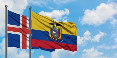Iceland and Ecuador flag waving in the wind against white cloudy blue sky together. Diplomacy concept, international relations.