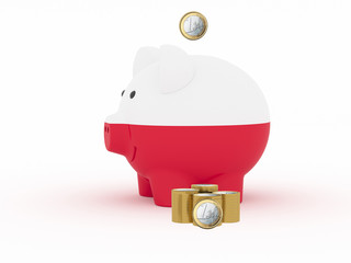 Finance, saving money, piggy bank on white background. Poland flag. 3d illustration.