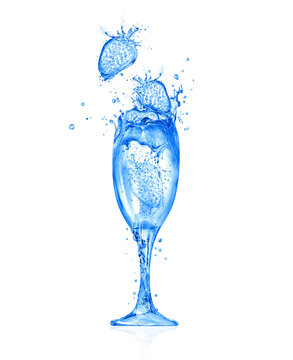 Conceptual image of a glass of prosecco with strawberries made of water splashes