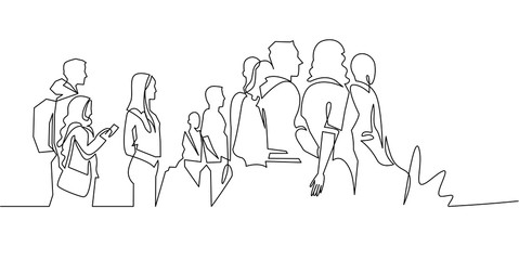 Group of people continuous one line vector drawing. Crowd standing at concert, meeting.