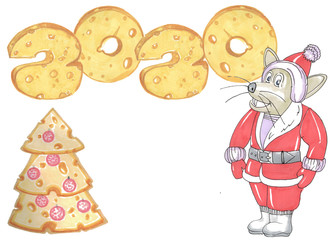 a rat in a santa claus suit and 2020 new year cheese numbers with cheese christnas tree