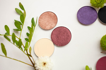 beauty concept. twelve different shades of shadow for everydat makeup in round shapes and leaves on a white background