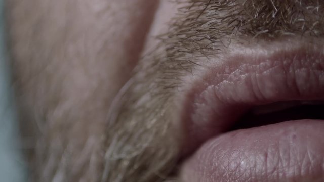 Extreme close-up of bearded male mouth speaking and shaking head