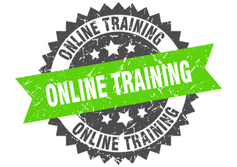 online training grunge stamp with green band. online training
