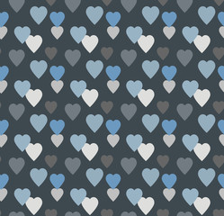 Blue-gray hearts. Abstract seamless vector pattern on a dark blue background.