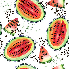watermelon seamless pattern. Hand drawn fresh tropical plant waterecolor illustration. Colorful wallpaper. floral background.