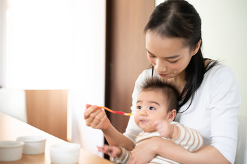 Obraz na płótnie Canvas Mother feeding baby food to her baby