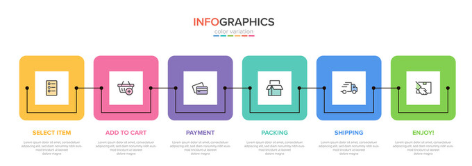 Concept of shopping process with 6 successive steps. Six colorful graphic elements. Timeline design for brochure, presentation, web site. Infographic design layout.