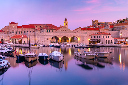 Old Harbour And Old Town Of Dubrovnik At Sunset, Croatia