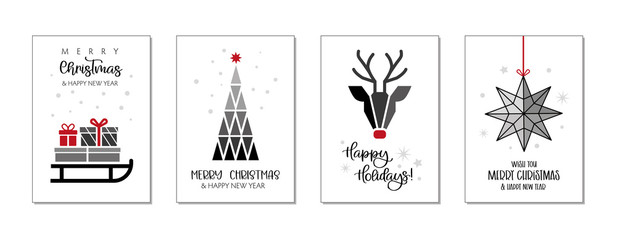 Set of christmas and happy new year greeting cards. Four Vector Illustrations postcards with lettering calligraphy decorative ornament elements