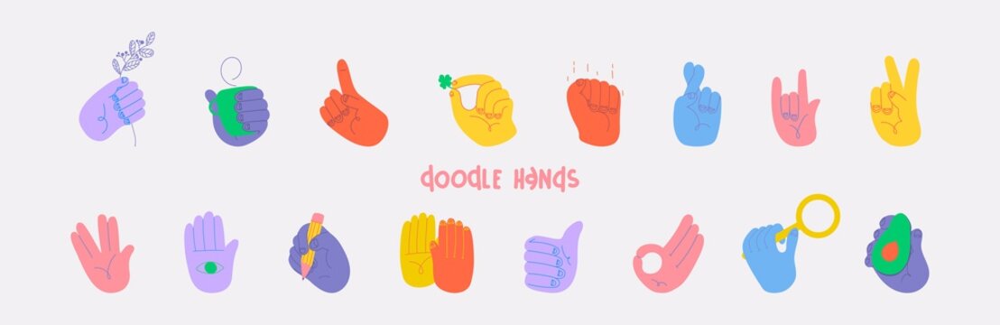 Set of doodle hands. All elements are isolated. Vector illustration. Eps 10.
