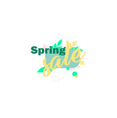 Spring sale - stylish vector logo for seasonal discounts. Online shopping. Bright, trendy print logo business icon with spring leaves and twigs