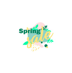 Spring sale - seasonal discounts. Online shopping. Beautiful flat vector discount and sale icon with spring leaves and trend color.