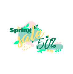 flat vector discount and sale icon with spring leaves and trend color. Spring sale - seasonal discounts up to 50%