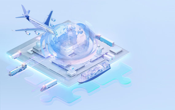 3D isometric global cargo logistic web site background. Maritime, air shipping transport logistic, warehouse, import, export, trading, cargo international delivery, distribution isometric web concept
