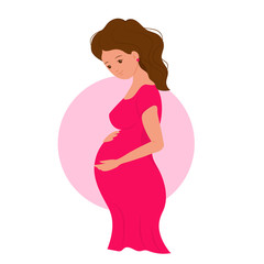Pregnant happy woman with a baby in her belly, future mother laught, cartoon character, pretty lady with love to her motherhood. Poster in hospital, maternity home, birthing center, Mother's Day card