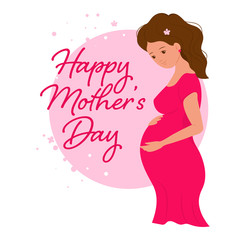 Mother's day with pregnant woman character greeting card, future mother laught, cartoon character, pretty lady with love to her motherhood. Poster in hospital, maternity home, birthing center,