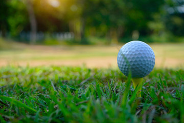 Golf ball on tee in beautiful golf course