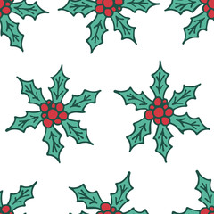 Vector seamless pattern with hand drawn doodle illustration of Christmas holly berry. Red berries with green leaves on white background. New Year, Christmas fabric, textile print template