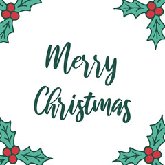 Obraz premium Vector frame with hand drawn doodle illustration of Christmas holly berry. Red berries with green leaves on white background. New Year, Christmas decoration. Poster, greeting card template