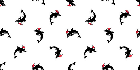 dolphin Seamless pattern Christmas hat vector Santa Claus fish shark tuna doodle cartoon salmon whale wave ocean sea scarf isolated repeat wallpaper tile background illustration design