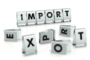 IMPORT word written on glossy blocks and fallen over blurry blocks with EXPORT letters. Isolated on white. Import higher than export - concept for articles, magazines, blogs. 3D rendering