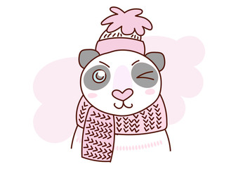 Flat style cartoon cute character animal panda in winter clothes. Minimal vector illustration, merry Christmas card.
