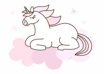 Unicorn cartoon character surrounded by clouds and stars hand drawn in kawaii style. Vector illustration with outline. Cute girly design for print.