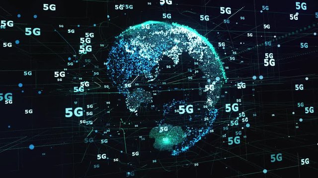 Around globe are spinning 5G titles. 3D rendered animation teal color. Movement from left to right