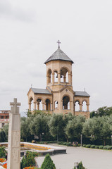 The free-standing stone bell tower is the part of the complex of the Holy Trinity (Sameba) Cathedral, Tbilisi, Georgia.