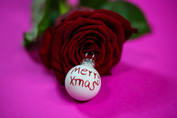 red rose with christmas baubles on pink background