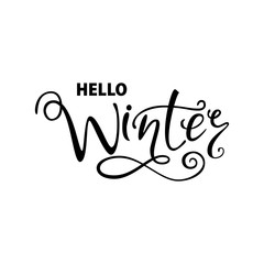 Winter card on white background. Hello winter design. Abstract concept graphic element. Vector logo design. Typographic background. Retro typography. Black white illustration. Vector script.