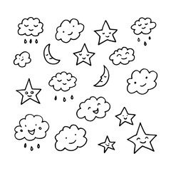 a set of cute children's doodle clouds, stars and months that smile and laugh