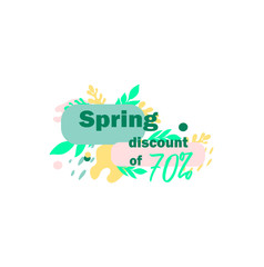 Creative vector icon - spring discount of 70%. Seasonal sales - spring discounts. Shopping day. Stylish icon with spring leaves.