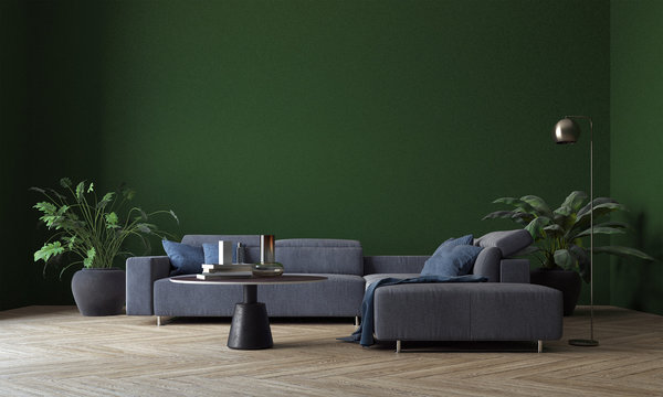 Modern deign of interior living room and green wall pattern texture background 