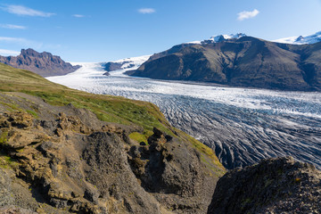 obvious glacier melting due to global warming at Vatnajokull glacier with Skaftafell glacier tongue...