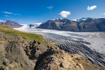 obvious glacier melting due to global warming at Vatnajokull glacier with Skaftafell glacier tongue...