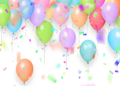  balloons and confetti flying on white