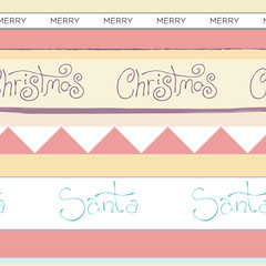 Stock vector Illustration with pink seamless Merry Christmas and Happy New Year pattern outline sketch hand drawn Doodle cartoon of symbols and christmas lettering. Striped Christmas Wrapping