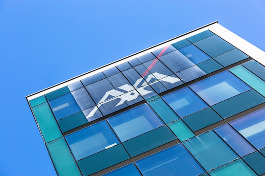Axa logo on a building, axa is a French insurance company.