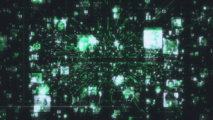 Artificial intelligence concept background as motion in the searching stream of human portraits connected by dark green network grid in social network. 3D rendering 4K