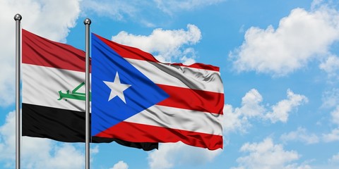 Iraq and Puerto Rico flag waving in the wind against white cloudy blue sky together. Diplomacy concept, international relations.