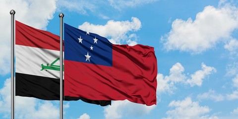 Iraq and Samoa flag waving in the wind against white cloudy blue sky together. Diplomacy concept, international relations.