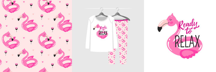 Obraz premium Seamless pattern and illustration for kid with flamingo and quote Ready to relax