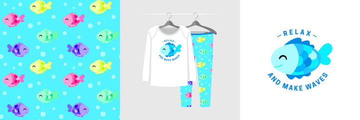 Seamless pattern and illustration for kid with fish © stocklene