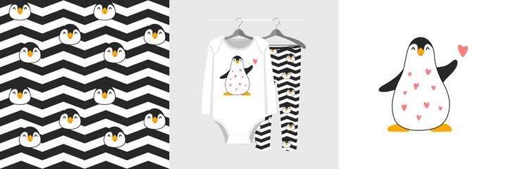 Seamless pattern and illustration for kid with penguin and hearts
