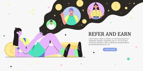 Refer a friend or refer and earn vector flat illustration with a woman lying and holding a phone with his friends accounts. Referral marketing strategy banner, landing page, ui, poster, banner, flyer.