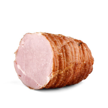 Smoked Boneless Piece Of Ham Isolated On White Background. Meatworks Boiled Ham Product